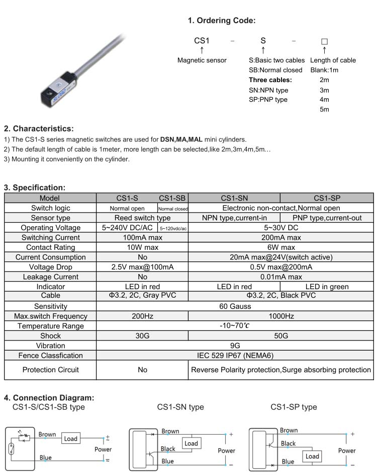 CS1-S,CS1-SP,CS1-SN Magnetic sensor for MA,MAL,DSN Mini cylinder