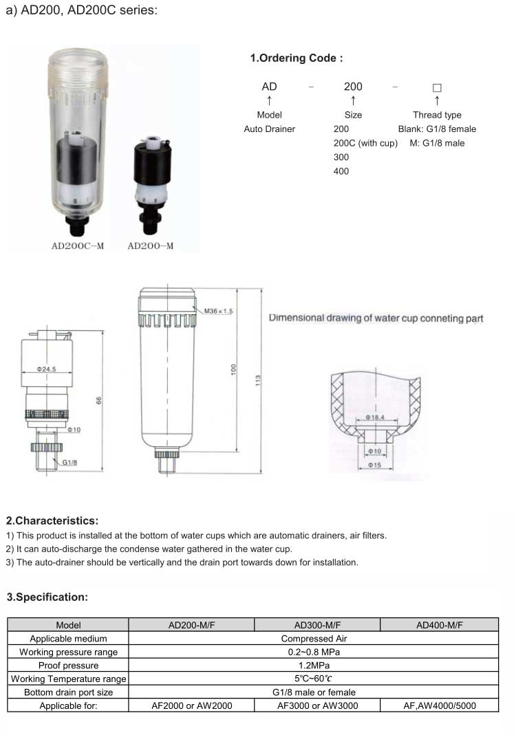 AD Series Auto-drainer for Air Filter