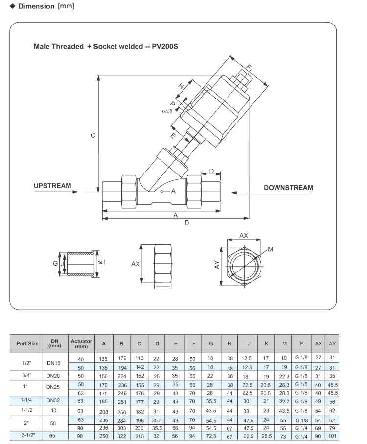 Angle Seat Valve(Piston Valve) Series PV200 (male threaded socket welded）