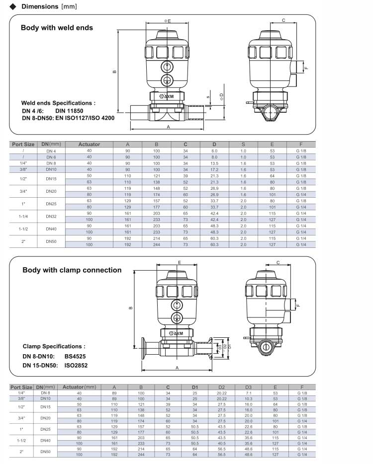 Diaphragm Valve,Pneumatically Operated Series DM(DM10 Tri-Clamp,DM20 weld ends)