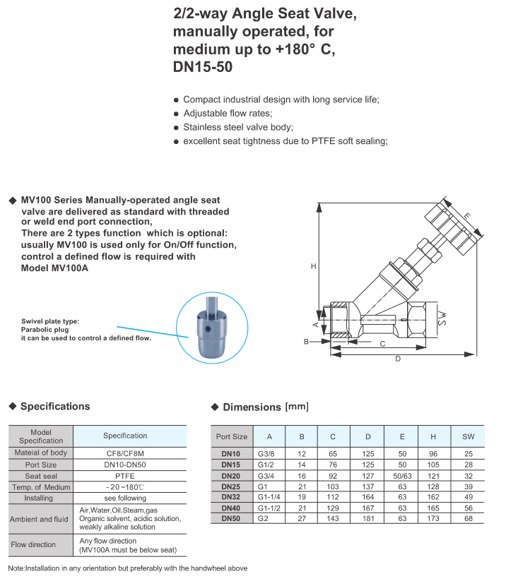 Y Type Manual Angle Seat Valve Series MV100