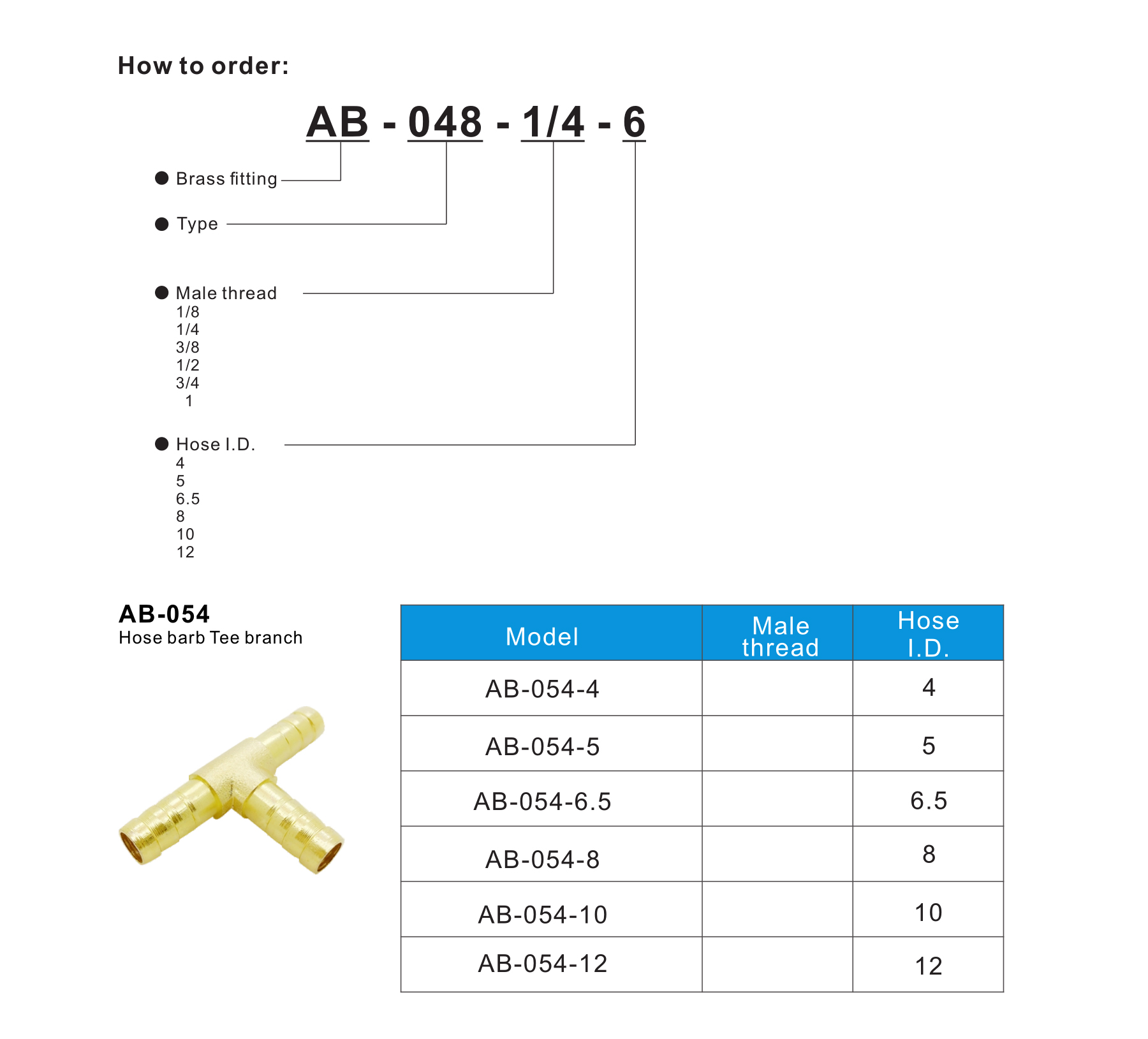 AB-054 Hose barb Tee branch