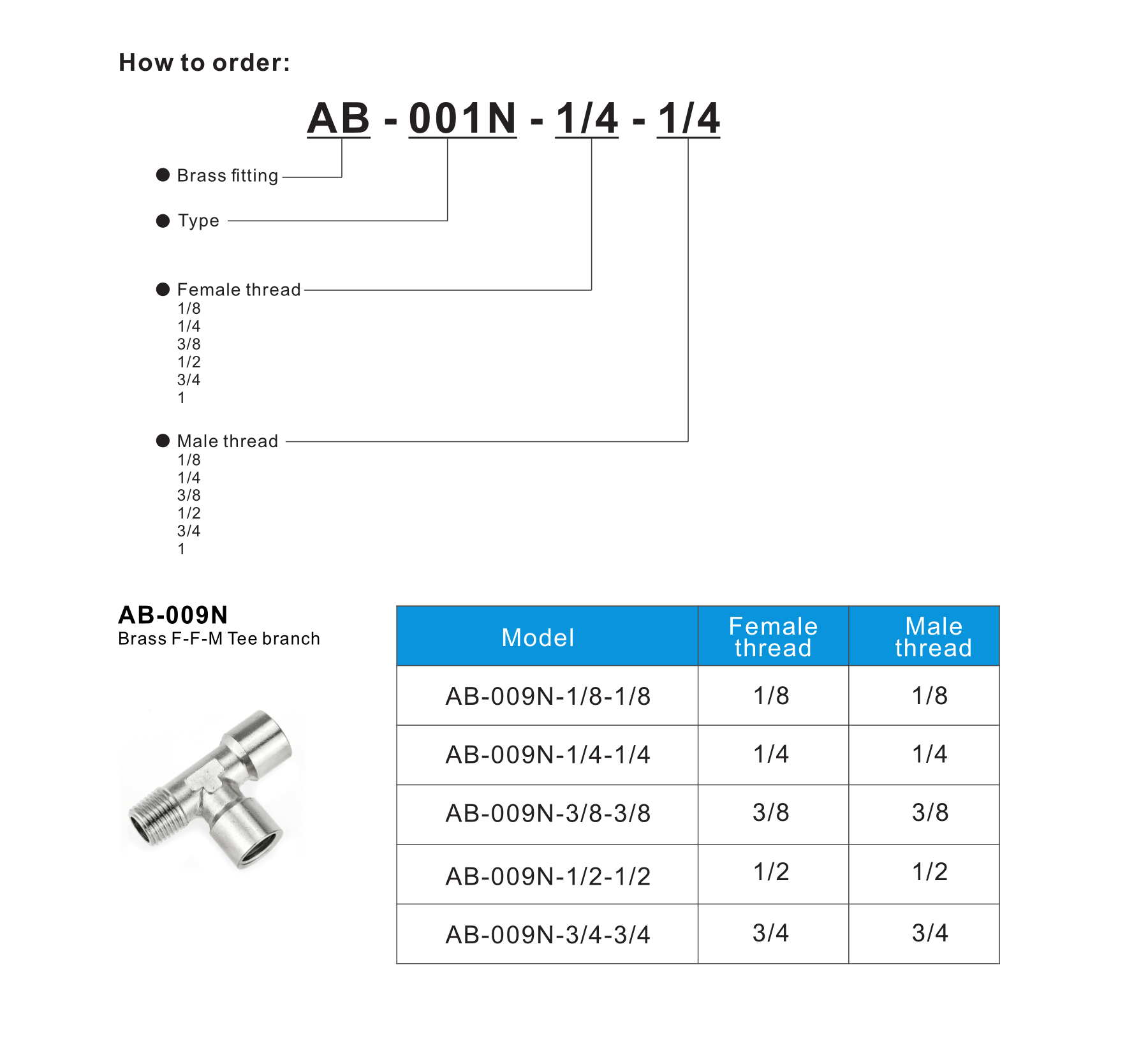 AB-009N Brass F-F-M Tee branch