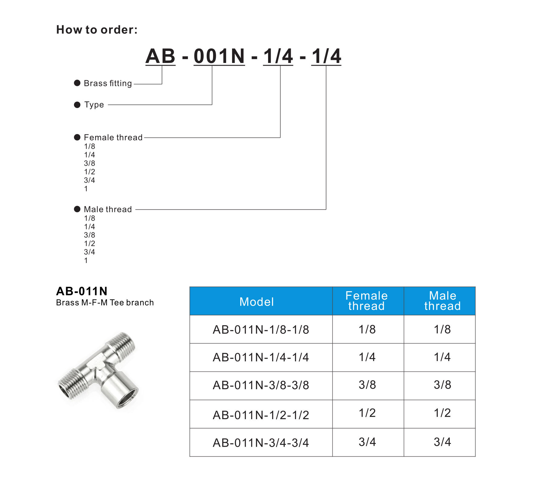 AB-011N Brass M-F-M Tee branch